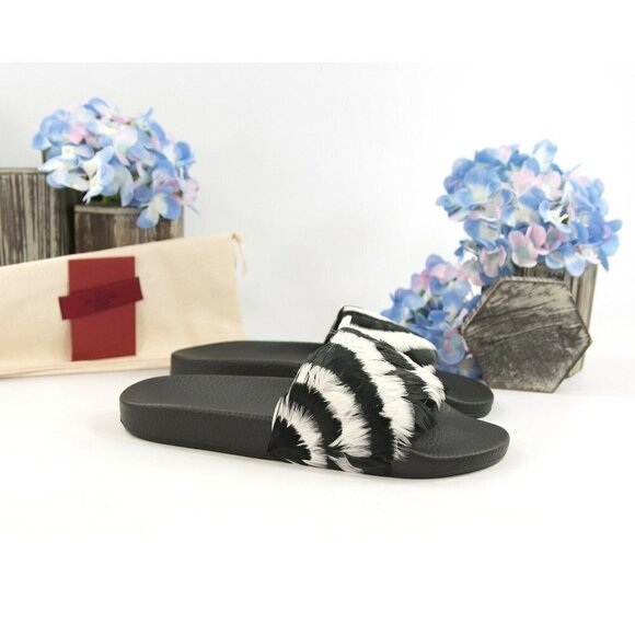 Valentino Black White Feather Embellished Pool Slide Sandals Sz 37 NIB - Picture 3 of 6